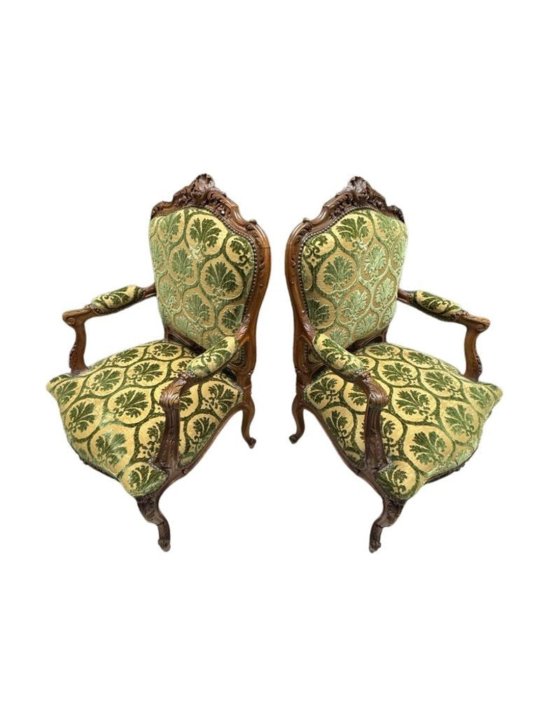 Antique French Louis XV Style Carved Walnut Bergere Armchairs with Green and Gold Damask and Nail head Details - Set of Two