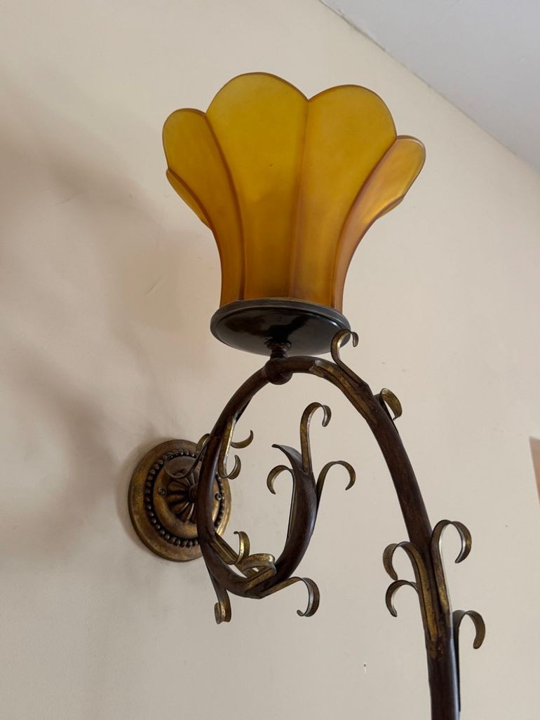 Vintage Elegant Double Long Wall Sconce with Honey Colored Murano Glass Diffuser