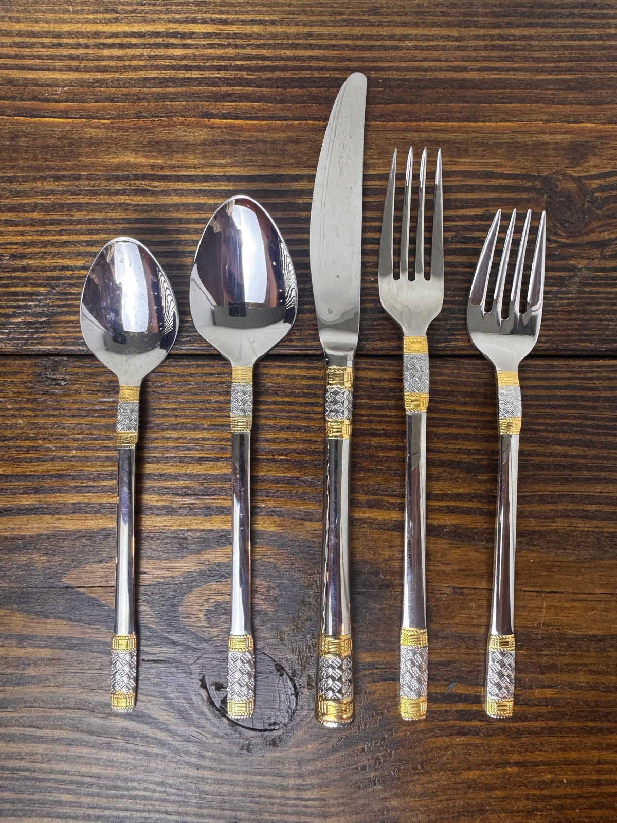 Wallace Golden Corsica Gold Accent 18/10 Stainless Steel Flatware Set for 12, 64 Pieces, c. 1990s