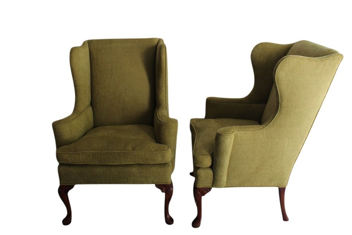 Vintage Queen Anne Style Chenille Wingback Chairs - set of 2