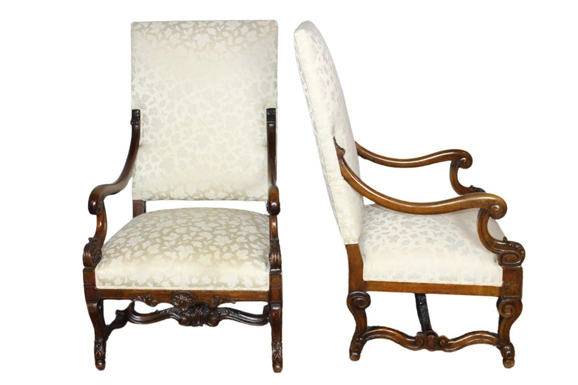 Antique French  Louis XIV Style Carved Walnut Ivory White Arm Chairs - Set of 2