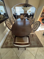 Thomasville Lumine Collection Dining Table with Double Pedestal, 8 Upholstered Chairs and Three Leaf Extension