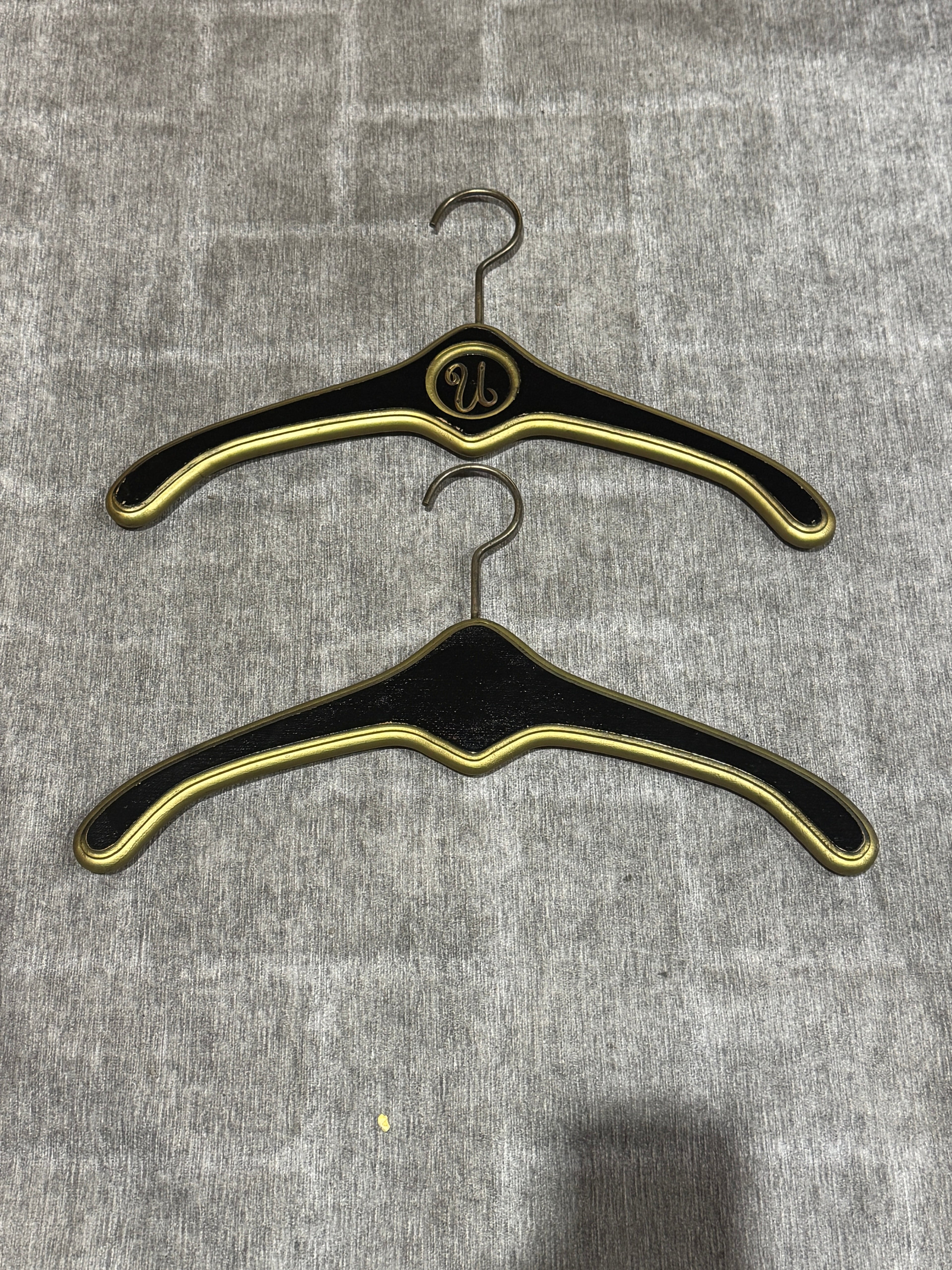 MCM Regency Black and Gold Wood Clothes Hangers - Monogrammed with U and V