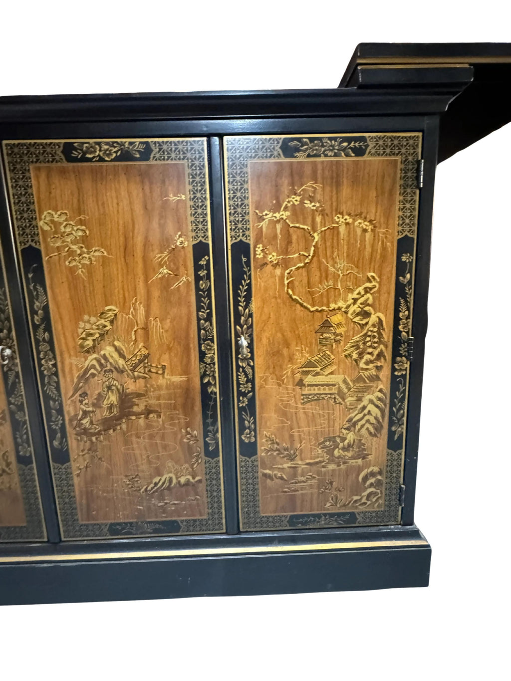 Drexel Et Cetera Collection Black Lacquer Chinoiserie Flip-Top Buffet Server, 1970s