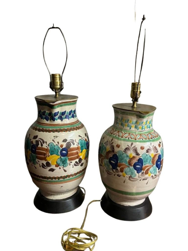 Vintage 1960s Colorful Mexican Pitcher Table or Desk Lamps - Set of 2