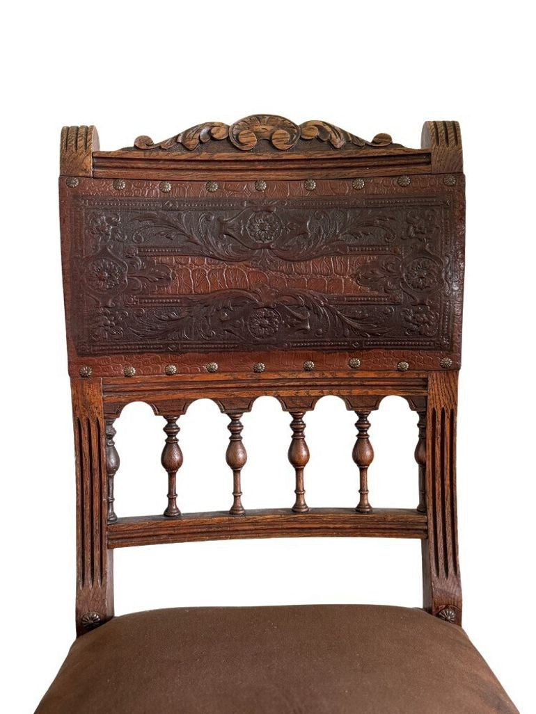 Antique 19th Century French Henry II Style Walnut Dining/Side/Accent Chairs With Suede Upholstery - Set of Two