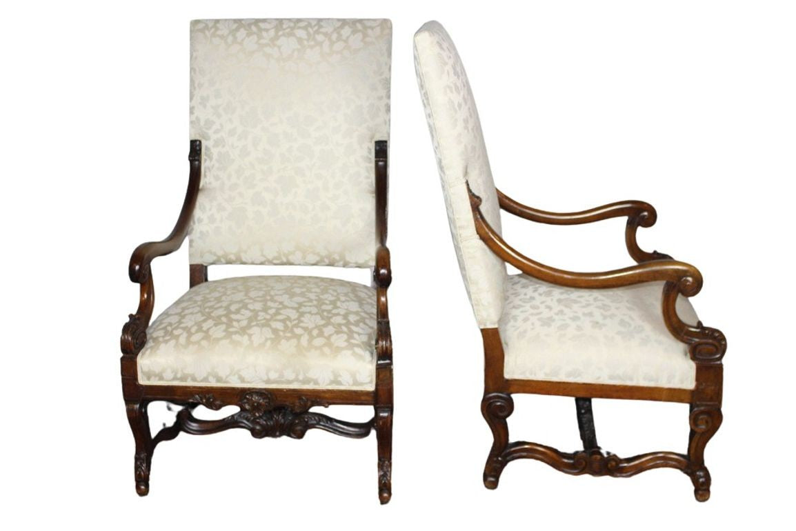 Antique French  Louis XIV Style Carved Walnut Ivory White Arm Chairs - Set of 2