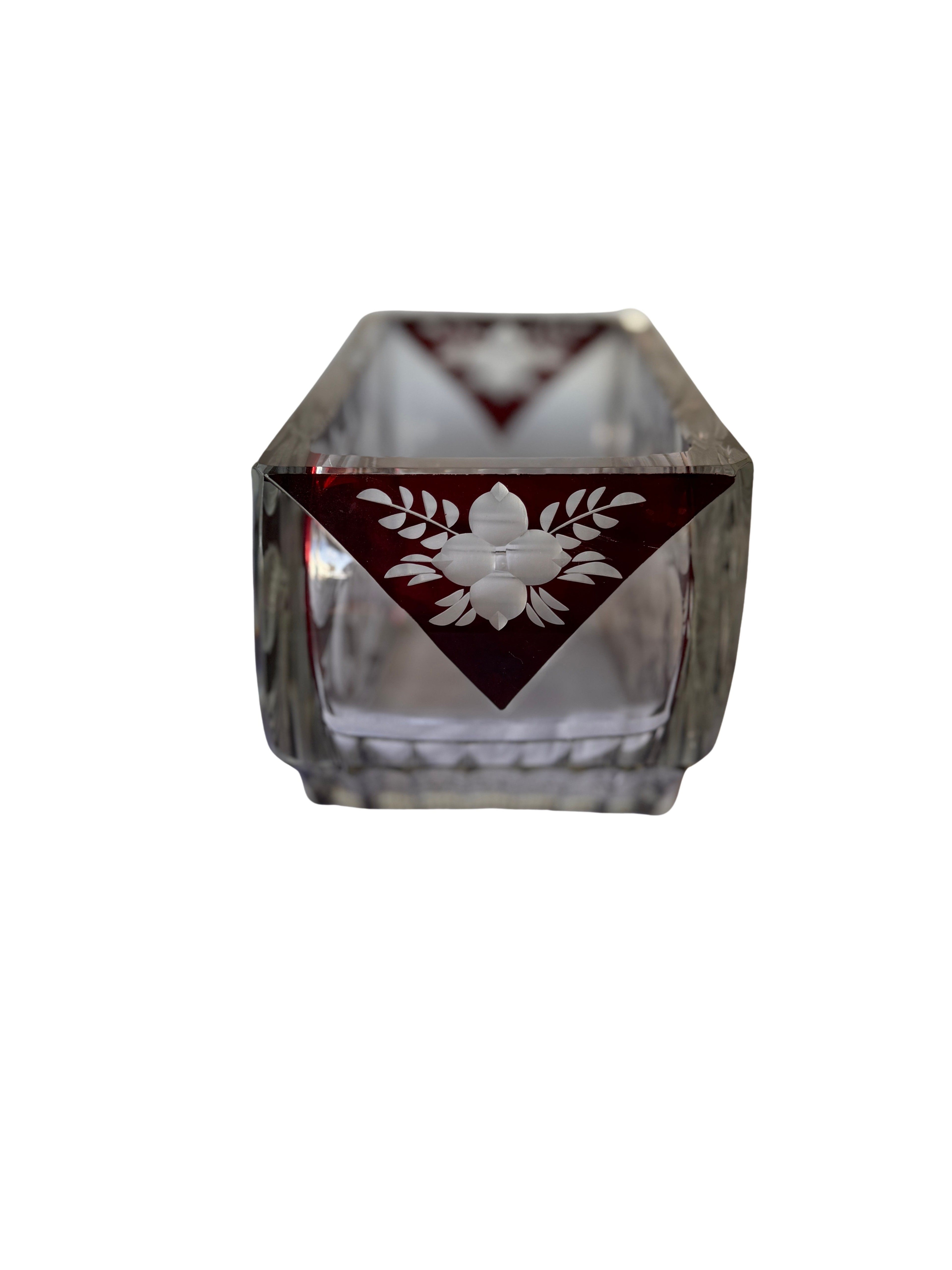 Antique Czech Bohemian  Ruby Red Art Deco Hand Cut to Clear Crystal Bowl, c. 1920