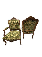 Antique French Louis XV Style Carved Walnut Bergere Armchairs with Green and Gold Damask and Nail head Details - Set of Two