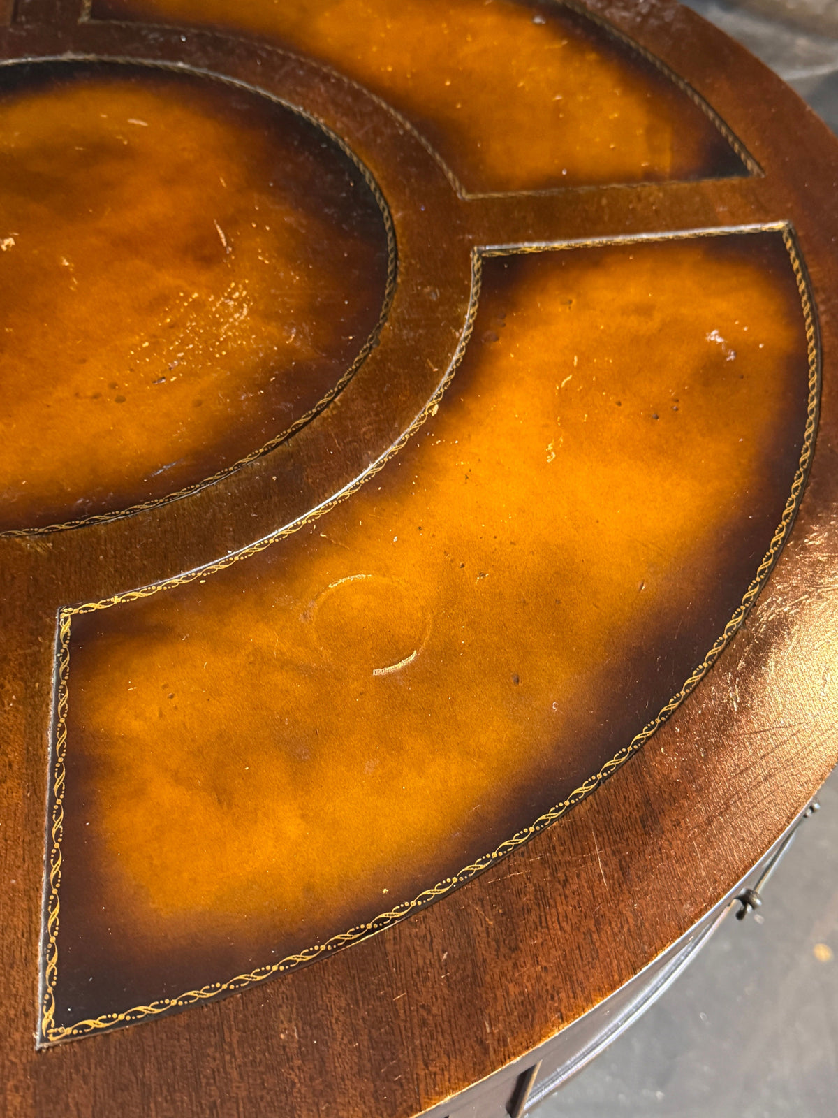 Antique Duncan Phyfe Style Mahogany Drum Center Table with Gold-Tooled Leather Top, Early 20th Century