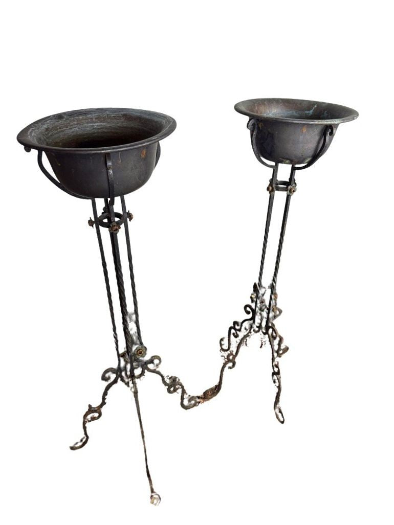 Antique Wrought Iron Plant Stands with Pot - Set of 2