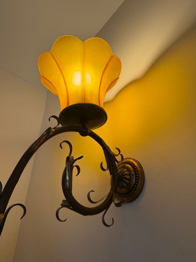 Vintage Elegant Double Long Wall Sconce with Honey Colored Murano Glass Diffuser