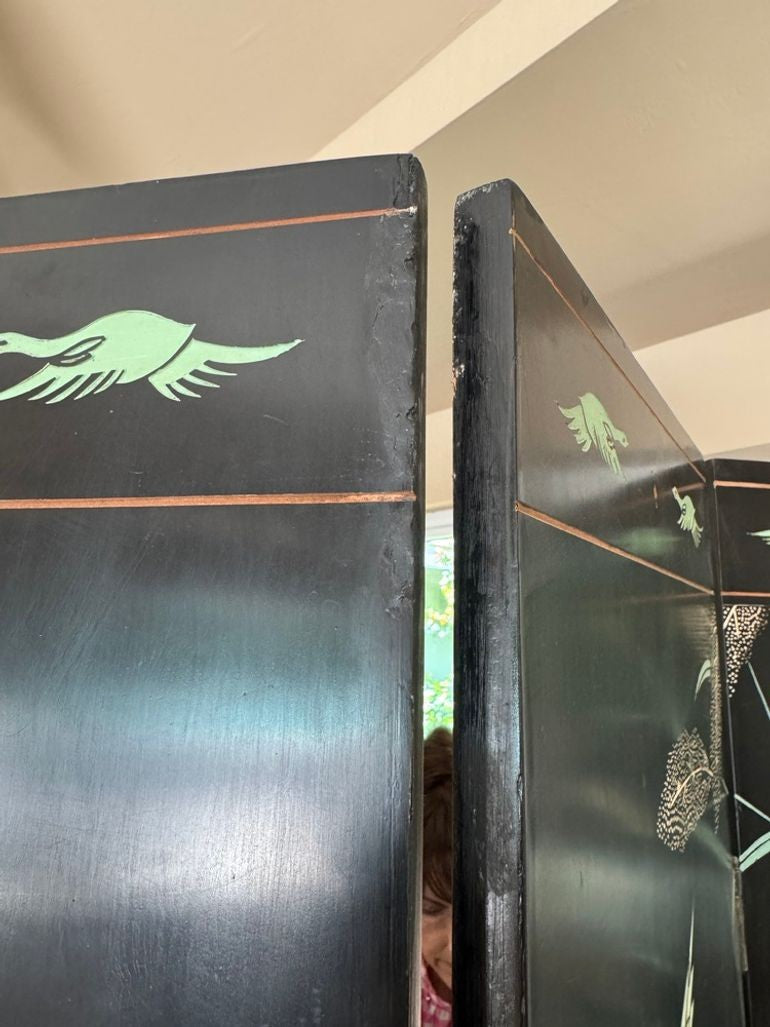 Vintage Chinese Four Panel Room Divider, Folding Screen with a Chinoiserie Pond Scene Painted on Both Sides