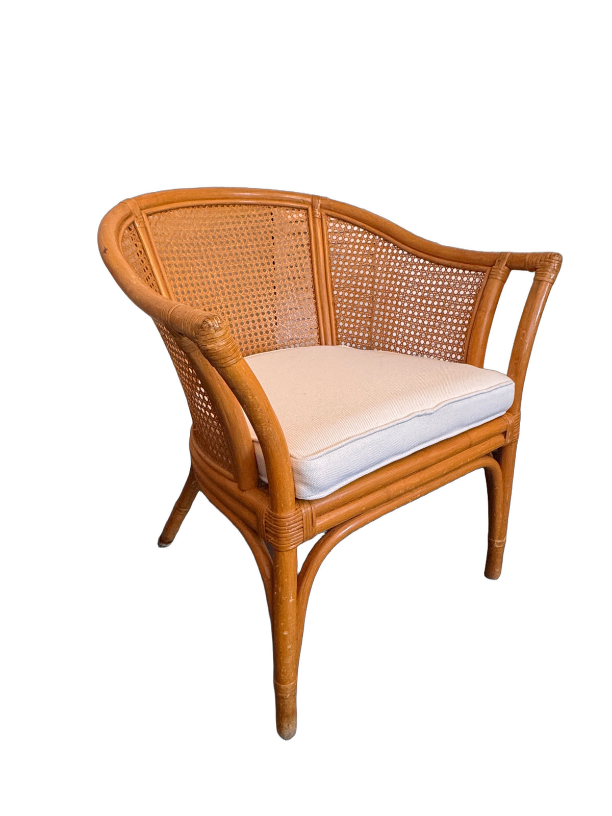 Vintage McGuire Style Rattan & Cane Barrel Back Armchairs, c. 1980s