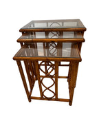 Vintage Burnt Bamboo Rattan Nesting Tables with Glass Tops, Set of 3, c. 1970s