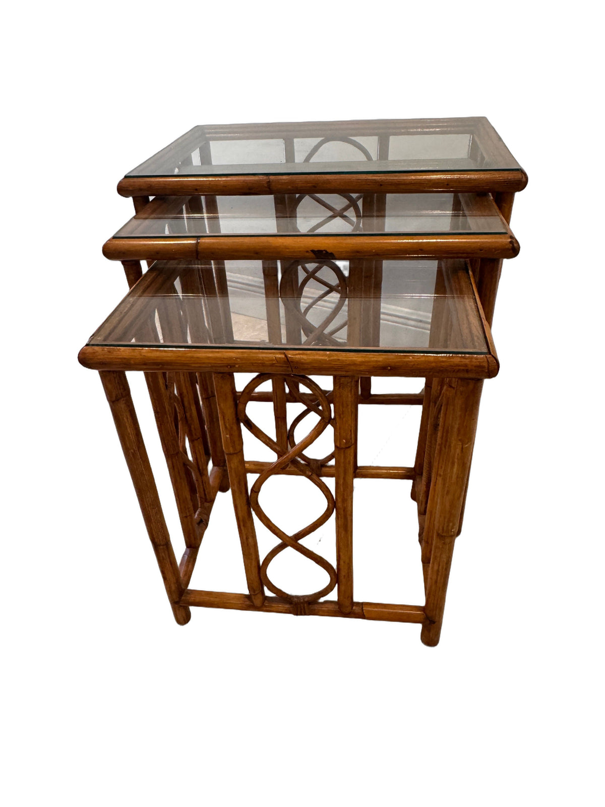 Vintage Burnt Bamboo Rattan Nesting Tables with Glass Tops, Set of 3, c. 1970s