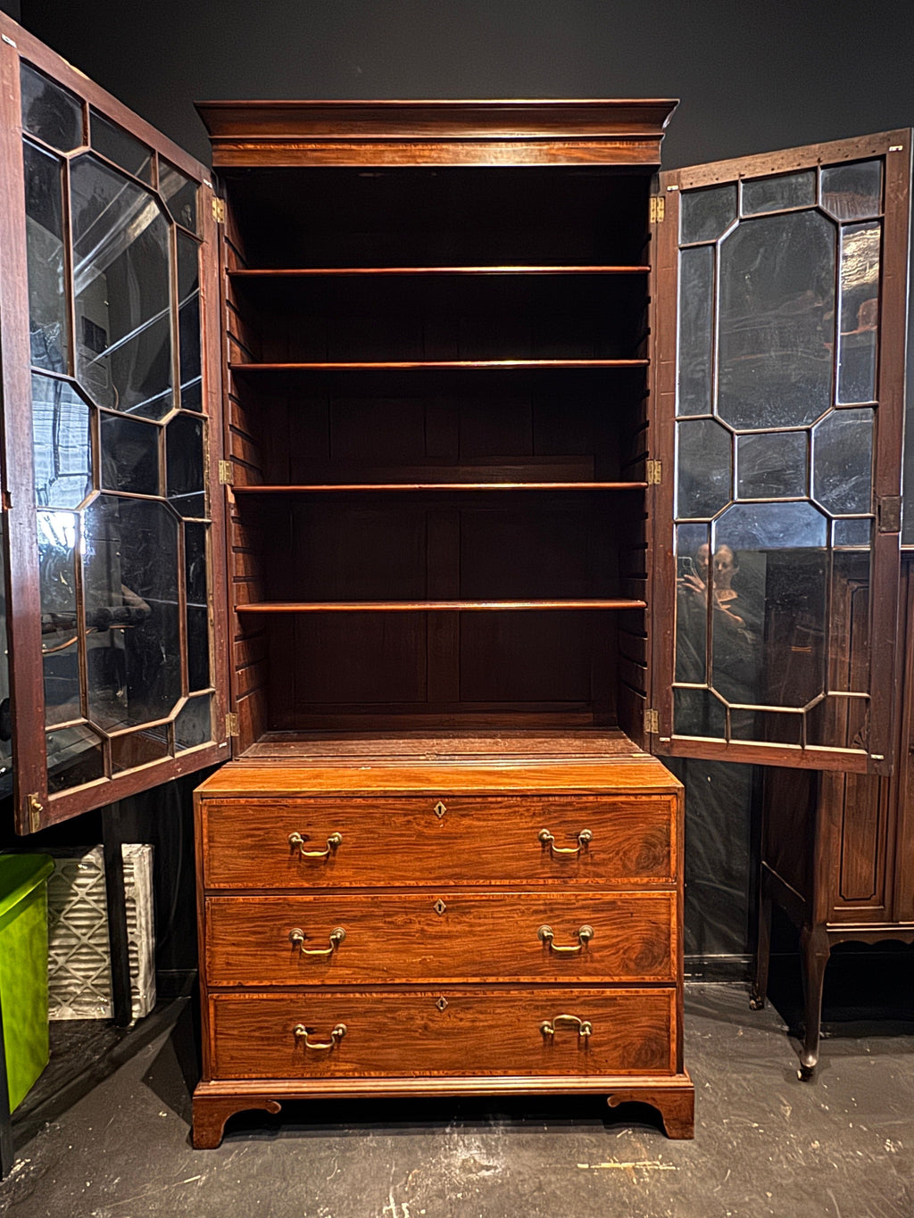 Antique English Georgian Mahogany Bureau Bookcase with Astragal Glass Doors, Late 18th Century