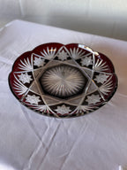 Antique Czech Bohemian  Ruby Red Art Deco Hand Cut to Clear Crystal Plate featuring Starburst Geometric Patterns , c. 1920