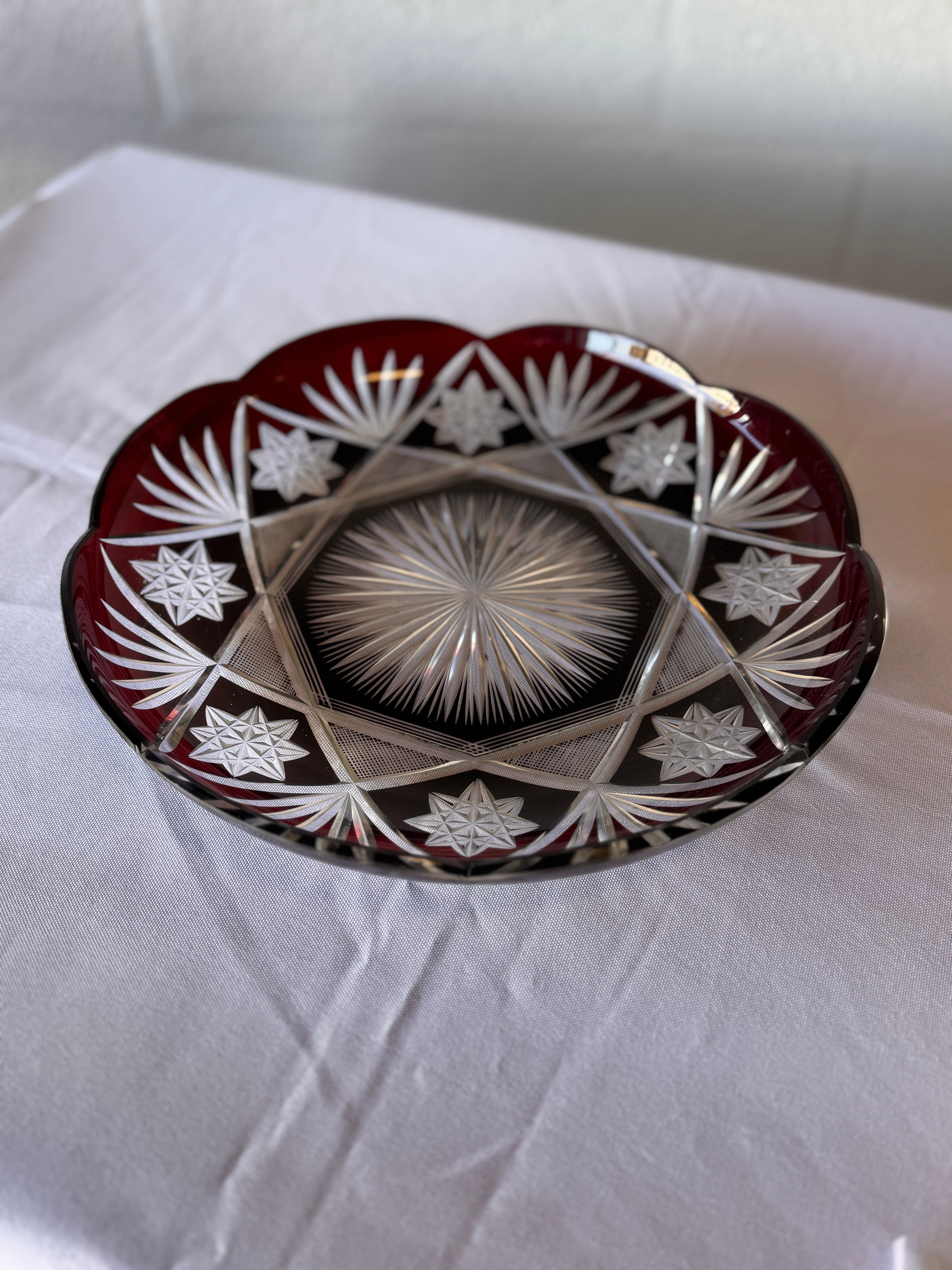 Antique Czech Bohemian  Ruby Red Art Deco Hand Cut to Clear Crystal Plate featuring Starburst Geometric Patterns , c. 1920