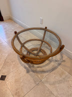 Vintage Sculptural Palm Beach Style Rattan Coffee Table with Round Glass Top, c. 1970s