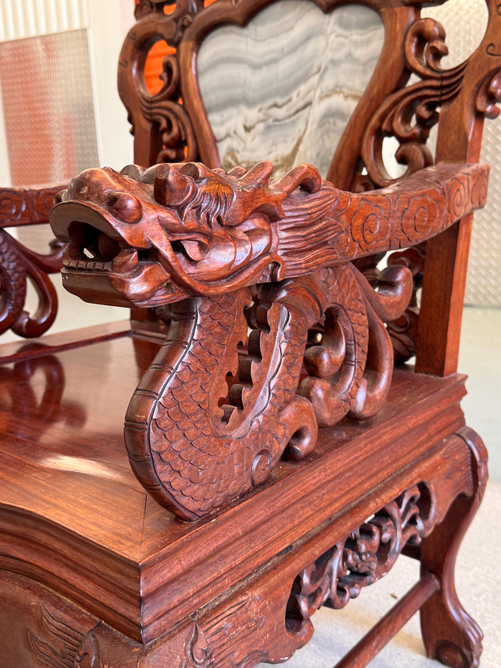 Antique Chinese Rosewood Dragon Armchair – Peranakan Style Carved Chair with Marble Insert, c. late 19th or early 20th century