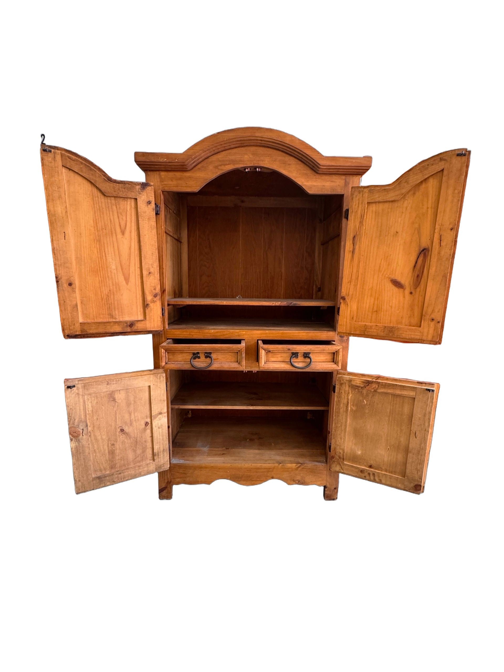 1980s Rustic Solid Pine Storage Armoire with Wrought Iron Accents, Mexico