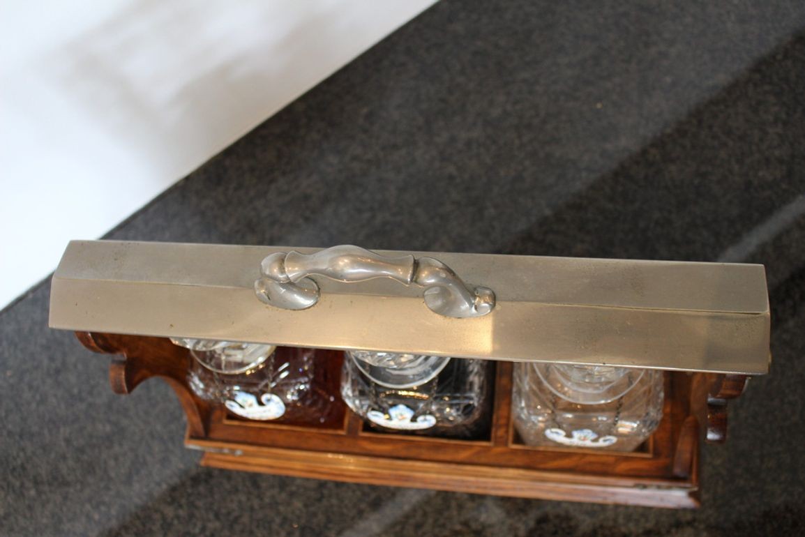 Antique English Oak Tantalus with Three Cut Crystal Decanters, c. late 1800s