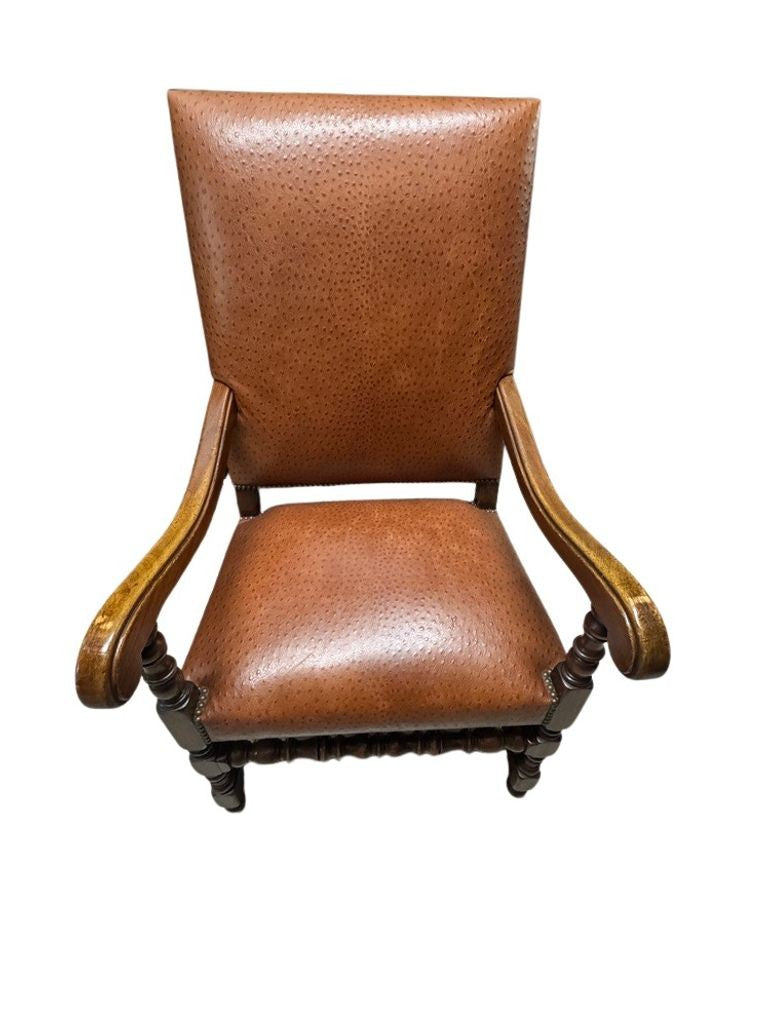Antique Brown Leather Armchairs with Nailhead Details, Bobbin-Turned Legs, and Scrolled Arms- Set of 2, c. Early 1900s