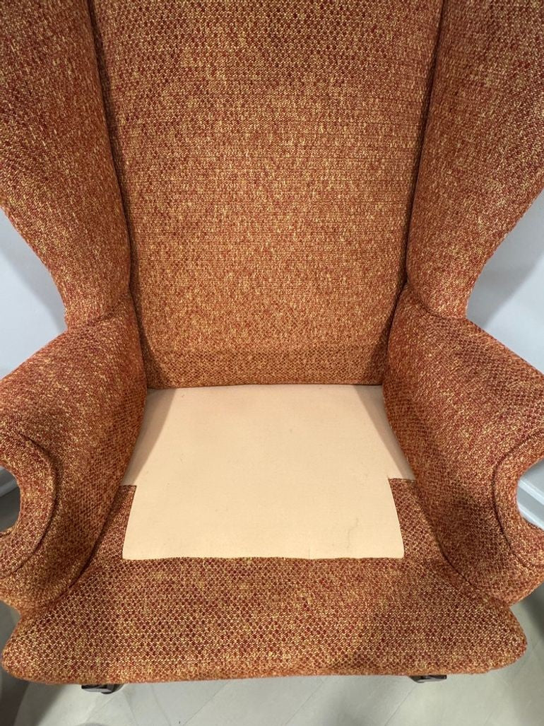 Vintage Queen Anne & Archie Bunker Style Wingback Chair with Carved Spindle Legs