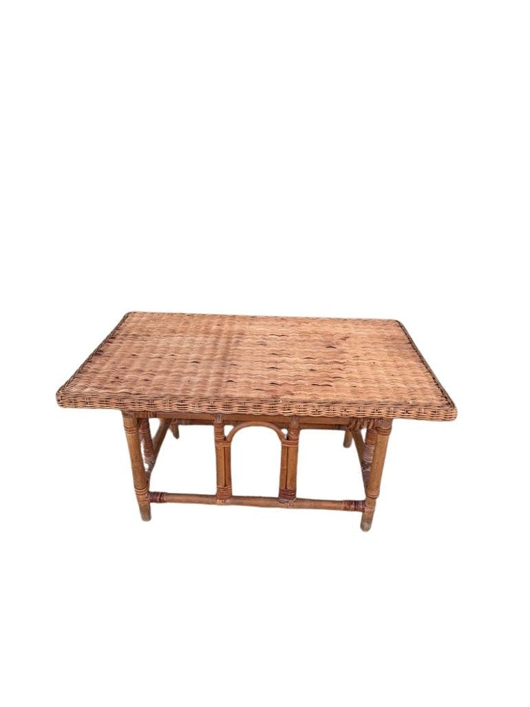 Vintage MCM Wicker Rattan Coffee Table with Glass Top