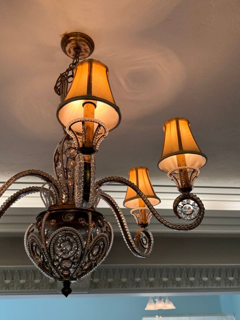 Vintage 1960s Regency Six Arm Chandelier with Gilt Iron and Crystal Beads