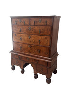 Antique William and Mary Burl Walnut Chest on Stand with Original Bronze Hardware and Cannonball Feet, Late 17th Century