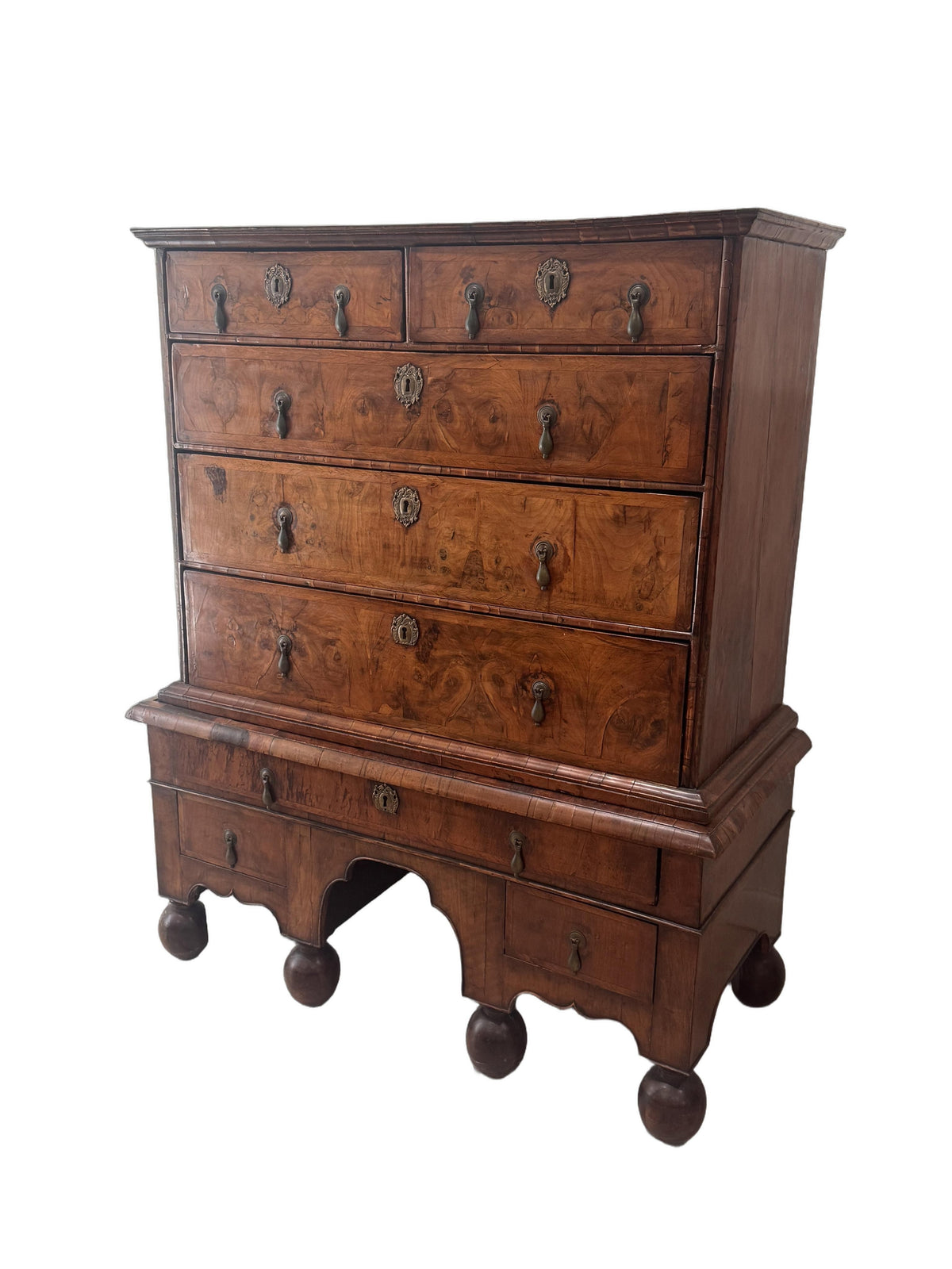 Antique William and Mary Burl Walnut Chest on Stand with Original Bronze Hardware and Cannonball Feet, Late 17th Century