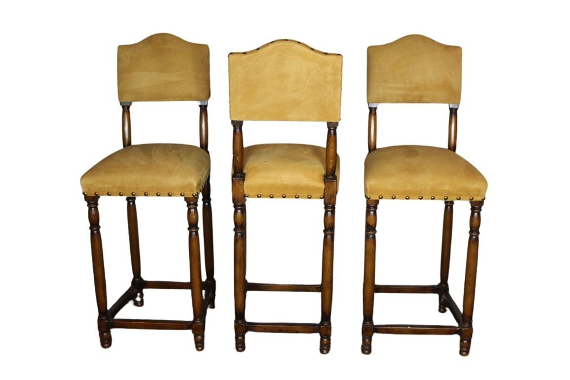 Vintage Suede Barstools with Nail Head Detail - Set of 3