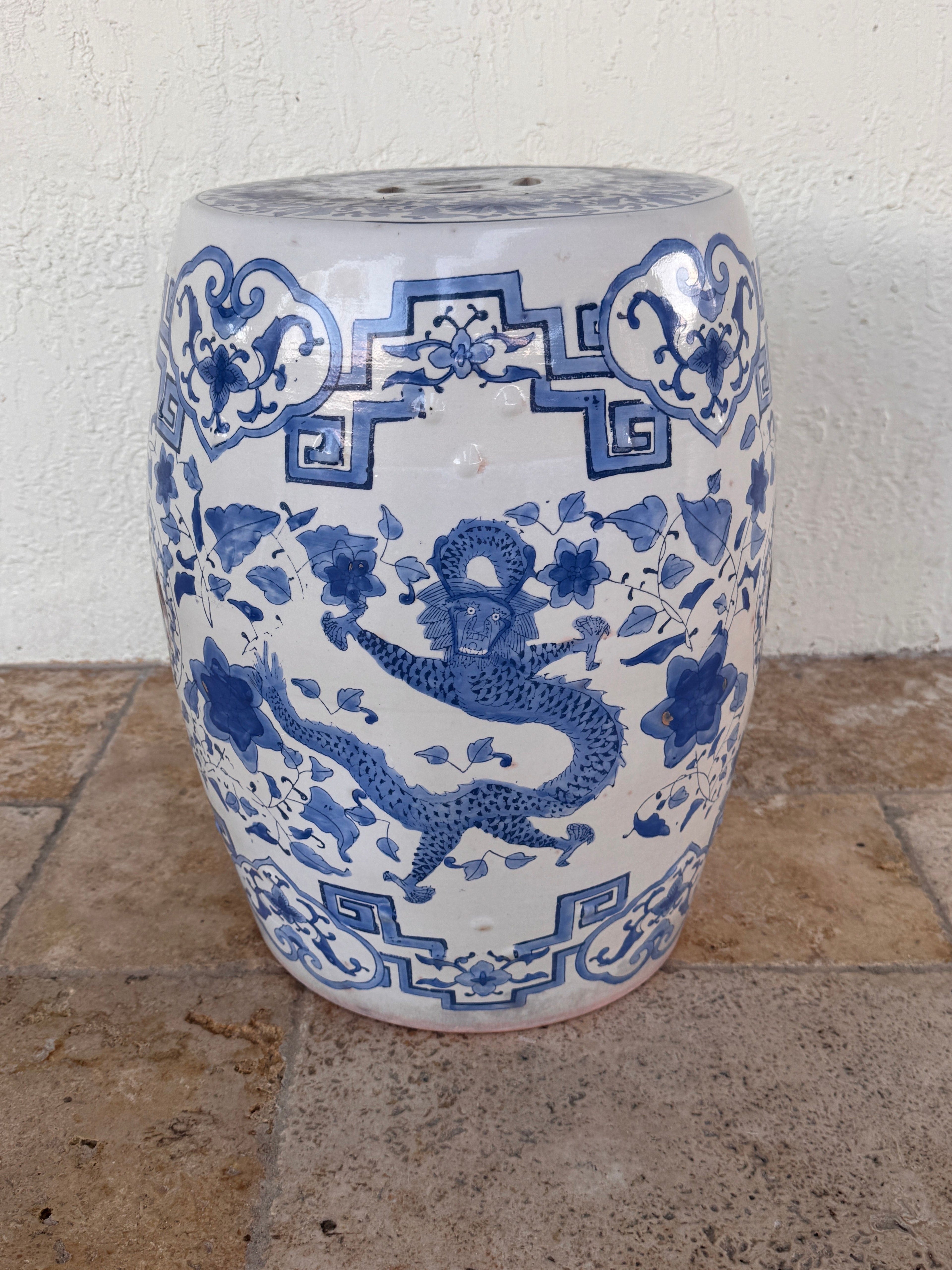 Vintage Terracotta Blue and White Chinese Garden Stool, Plant Stand