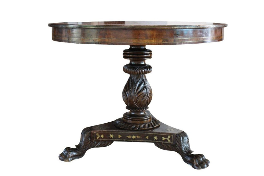Antique William IV Style Brass-Inlaid Pedestal Center Table, Early 19th Century