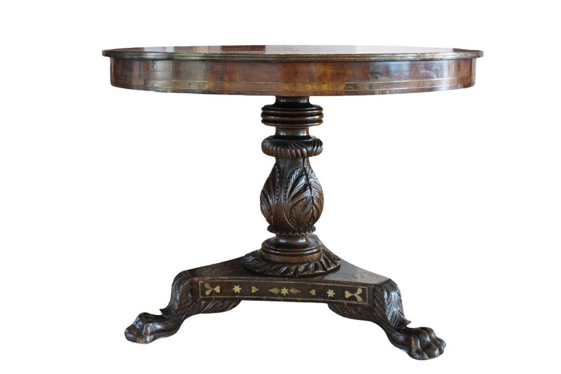 Antique William IV Style Brass-Inlaid Pedestal Center Table, Early 19th Century