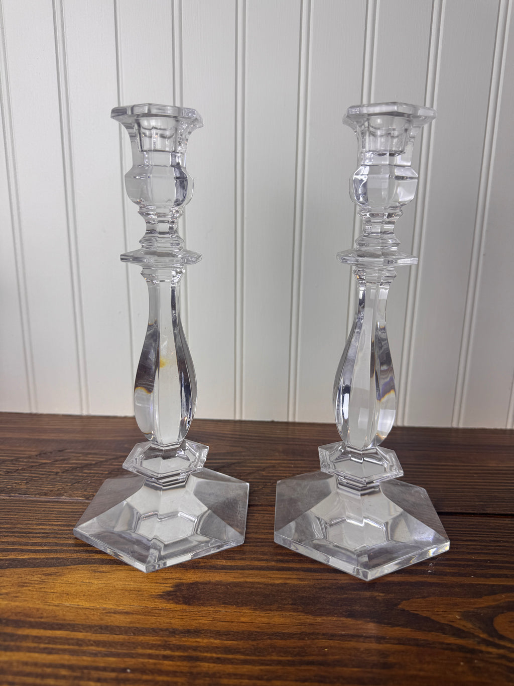 Val Saint-Lambert Signed Belgian Crystal Candlesticks, Pair, Sizes Vary, Late 20th Century
