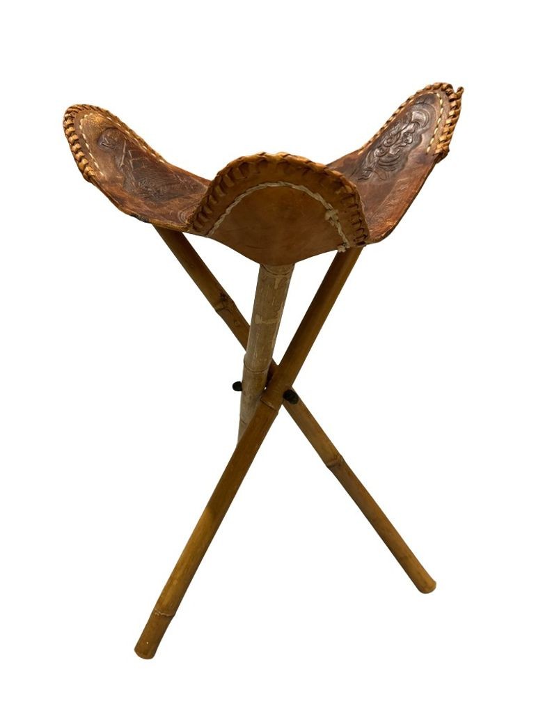 Vintage 1960s Mexican Leather Tripod Folding Stools