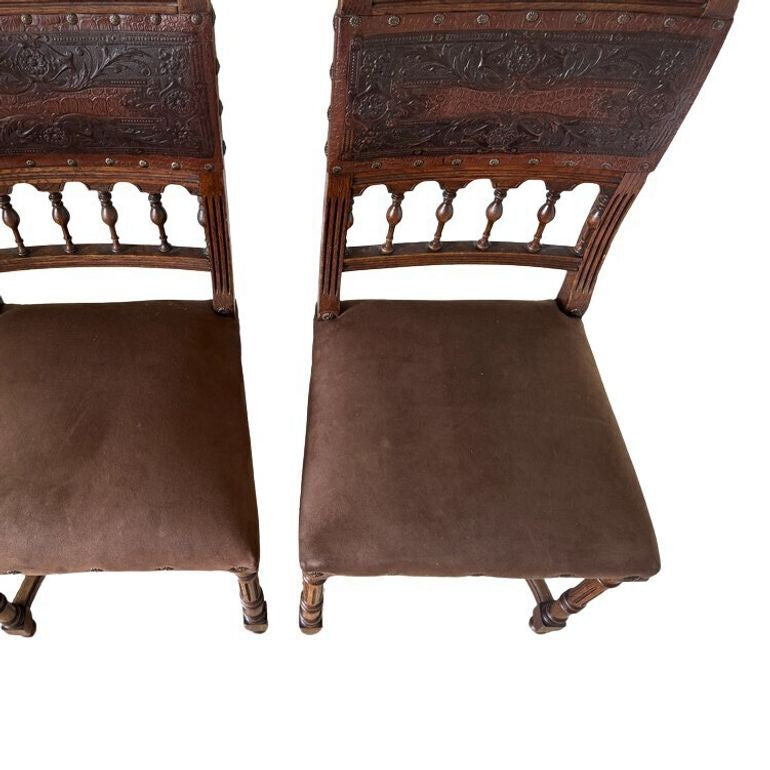 Antique 19th Century French Henry II Style Walnut Dining/Side/Accent Chairs With Suede Upholstery - Set of Two