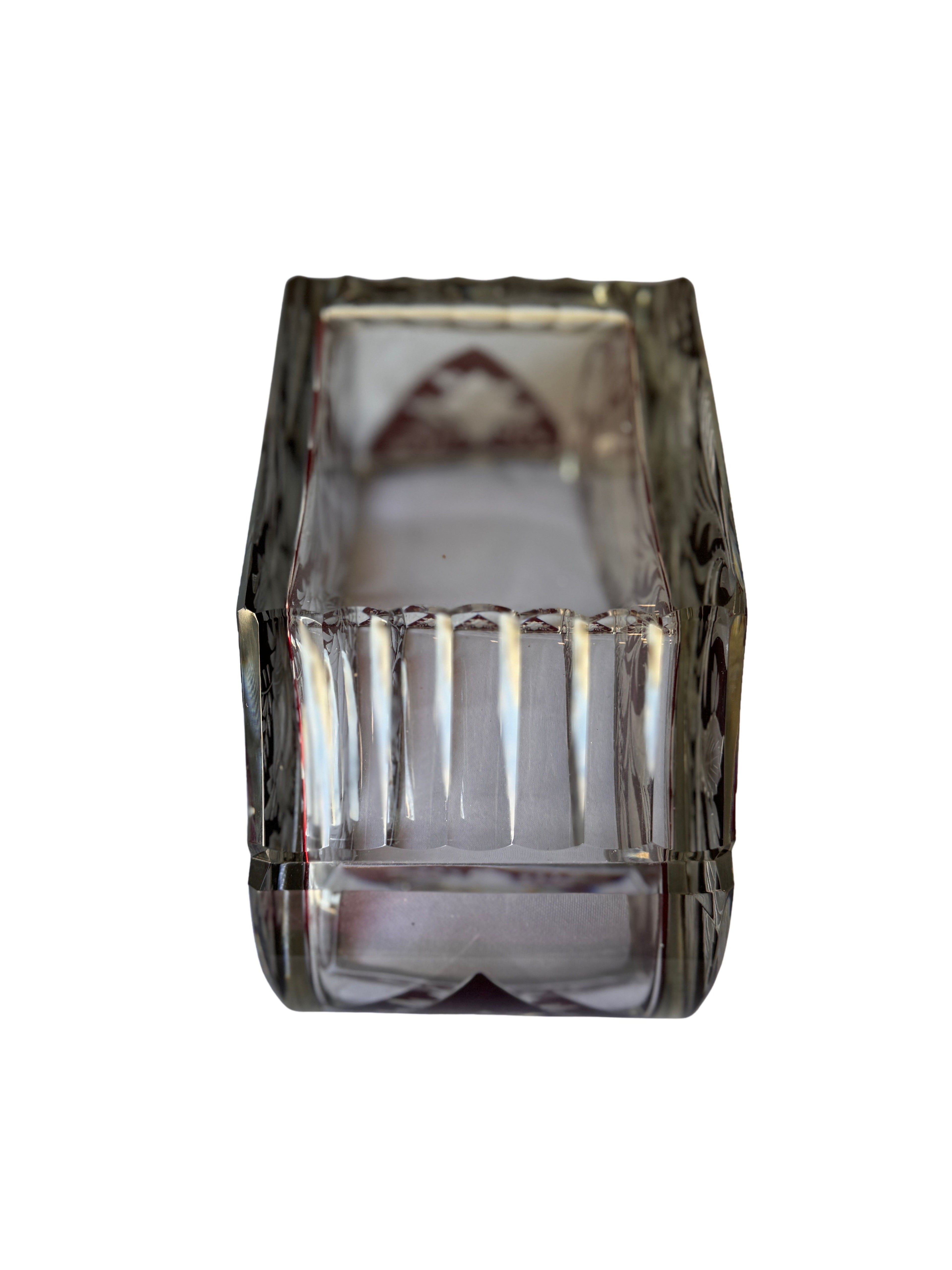 Antique Czech Bohemian  Ruby Red Art Deco Hand Cut to Clear Crystal Bowl, c. 1920