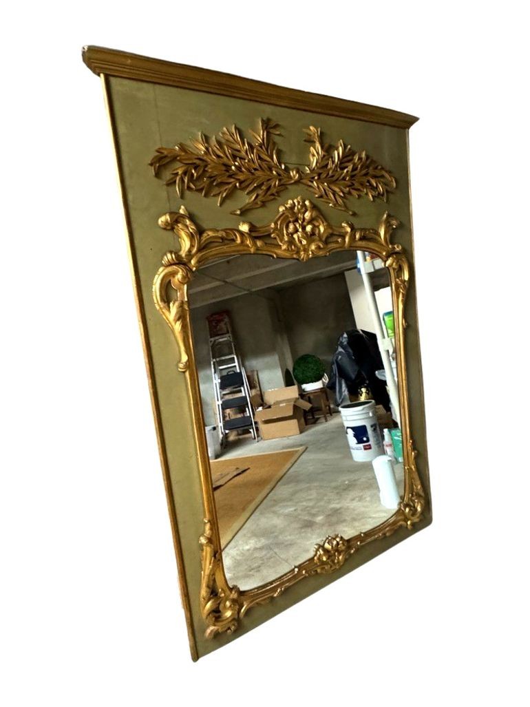 Antique Large French Louis XV Style Giltwood and Painted Trumeau Wall Mirror, c. 19th cent