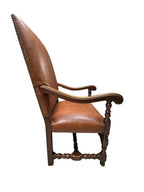 Antique Brown Leather Armchairs with Nailhead Details, Bobbin-Turned Legs, and Scrolled Arms- Set of 2, c. Early 1900s