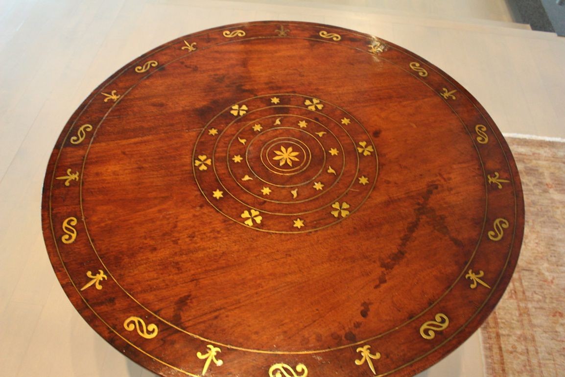 Antique William IV Style Brass-Inlaid Pedestal Center Table, Early 19th Century