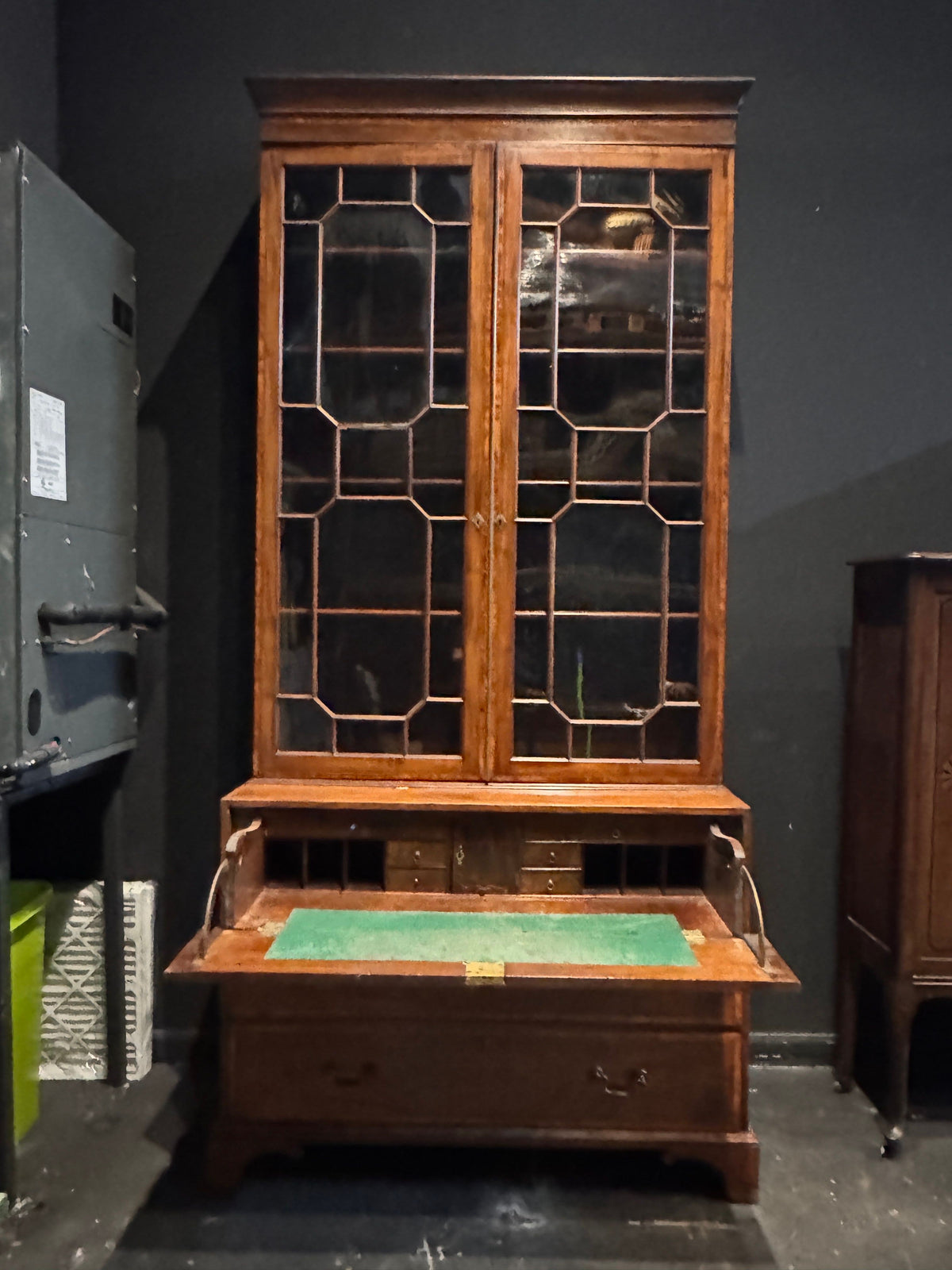 Antique English Georgian Mahogany Bureau Bookcase with Astragal Glass Doors, Late 18th Century