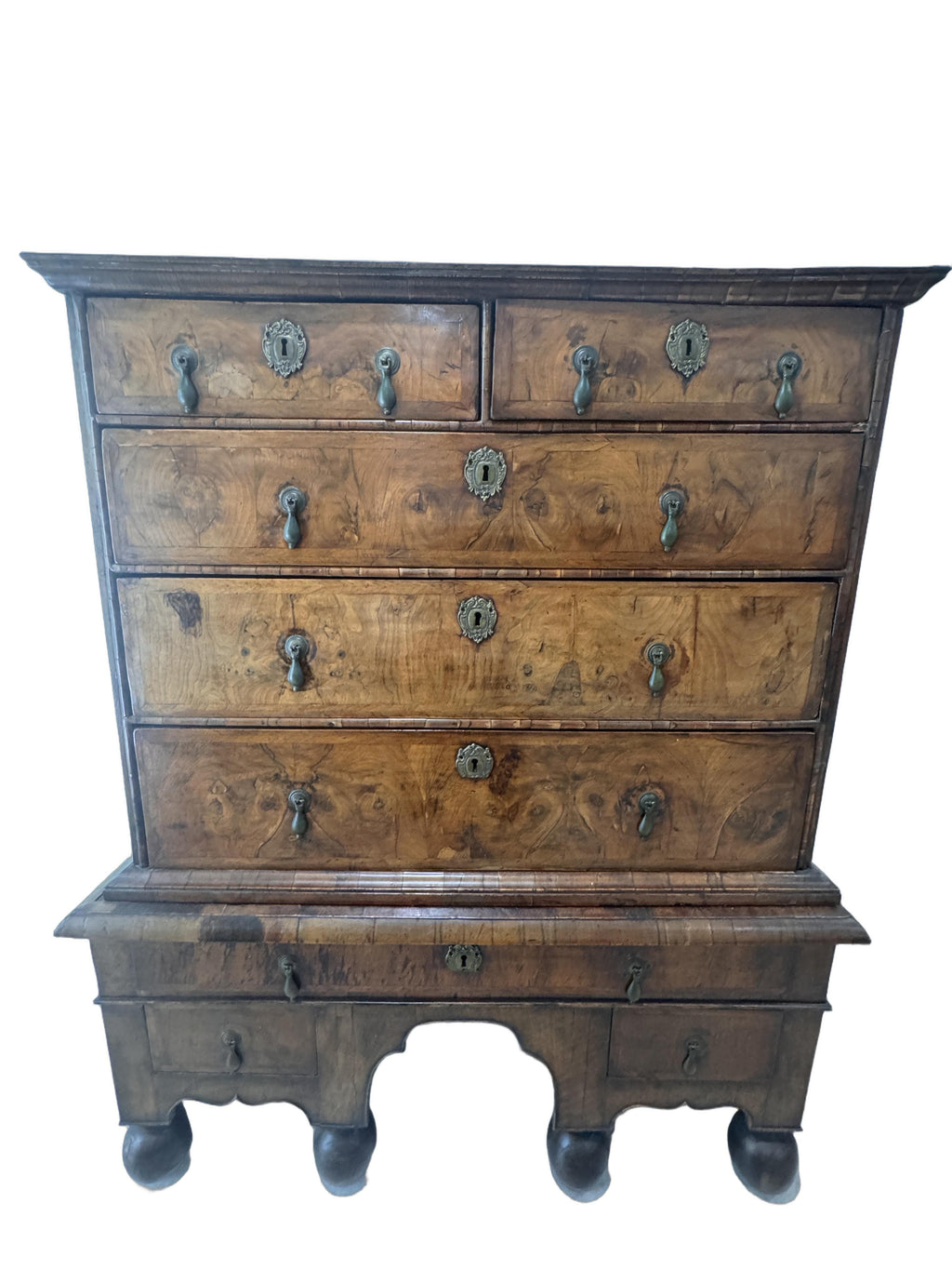 Antique William and Mary Burl Walnut Chest on Stand with Original Bronze Hardware and Cannonball Feet, Late 17th Century