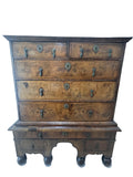 Antique William and Mary Burl Walnut Chest on Stand with Original Bronze Hardware and Cannonball Feet, Late 17th Century