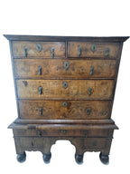 Antique William and Mary Burl Walnut Chest on Stand with Original Bronze Hardware and Cannonball Feet, Late 17th Century