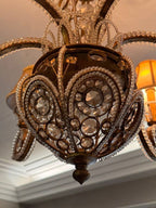 Vintage 1960s Regency Six Arm Chandelier with Gilt Iron and Crystal Beads