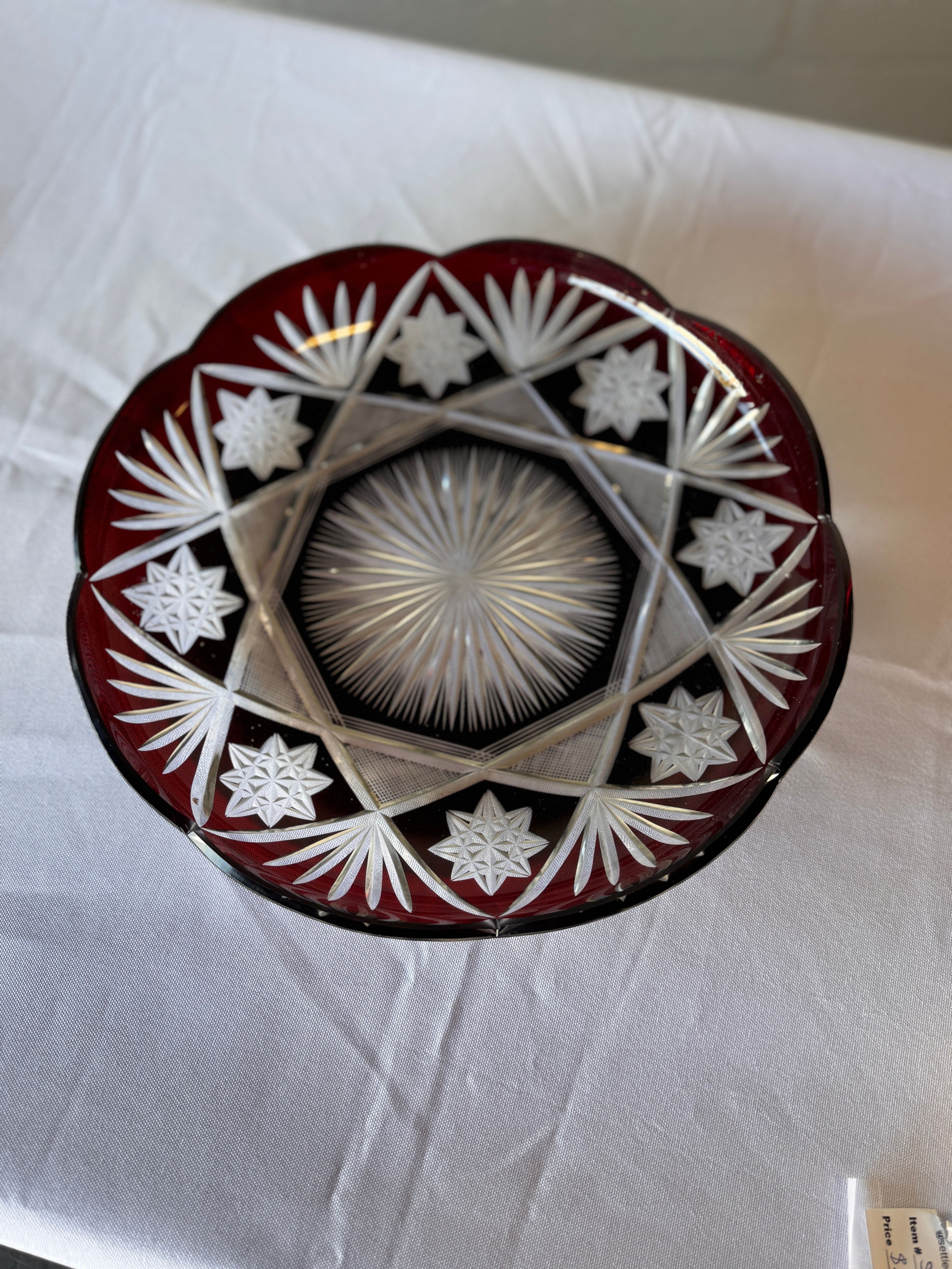 Antique Czech Bohemian  Ruby Red Art Deco Hand Cut to Clear Crystal Plate featuring Starburst Geometric Patterns , c. 1920
